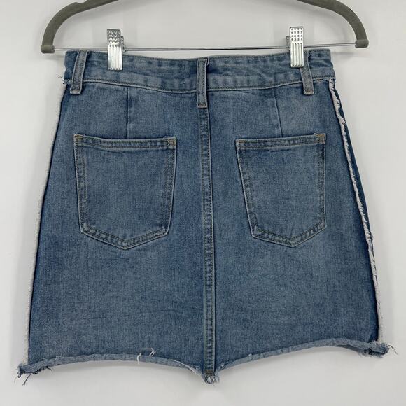 En Creme Y2K Cut Off Denim Mini Skirt Sz S Festival Grunge Distressed Raw Edge - Picture 6 of 9
